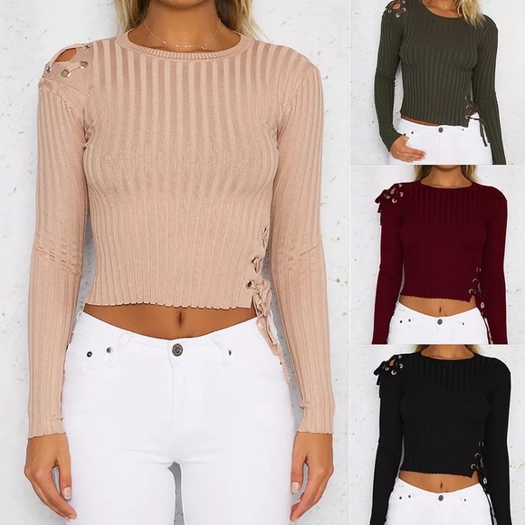 😘😘Sexy Wine Long Sleeve Lace Up Top - Picture 5 of 5